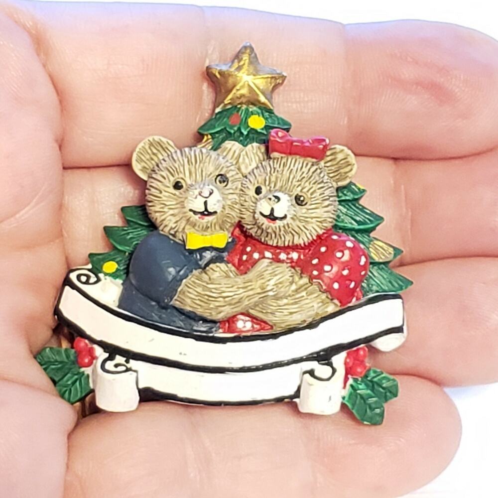 Christmas Brooch Pin Mr & Mrs Bear Vintage Christmas Jewelry h-18 - Picture 3 of 5